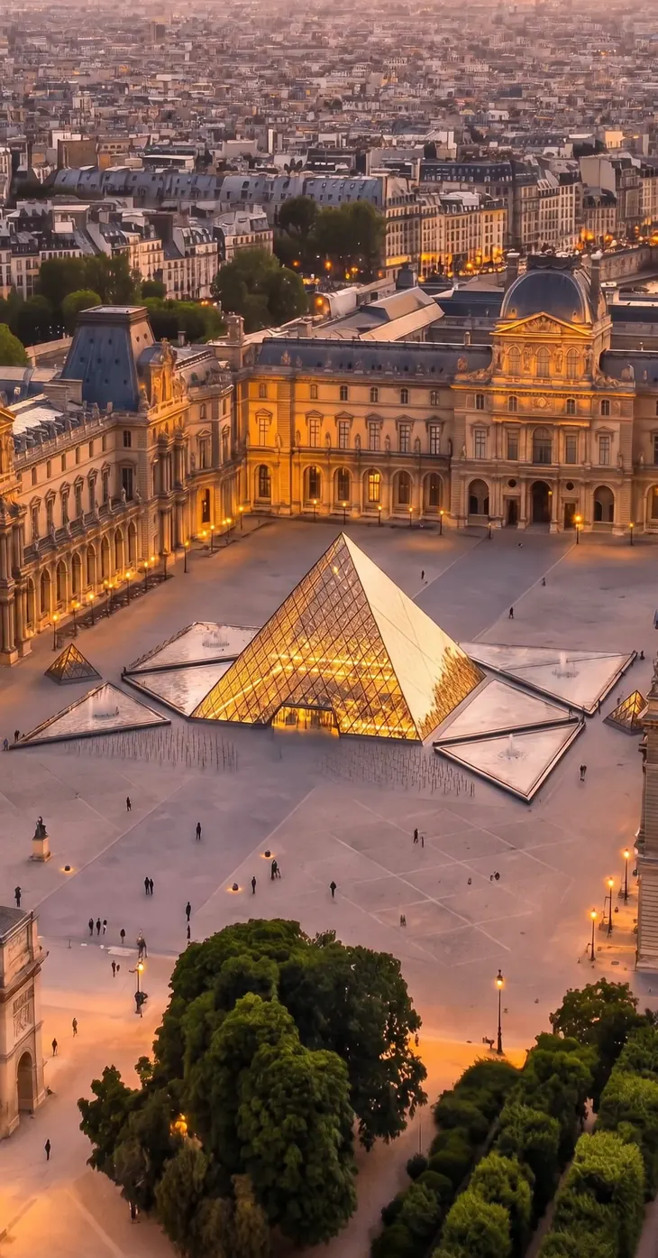 The Louvre Palace at dusk — the glass pyramid lit from within, in the floodlit courtyard